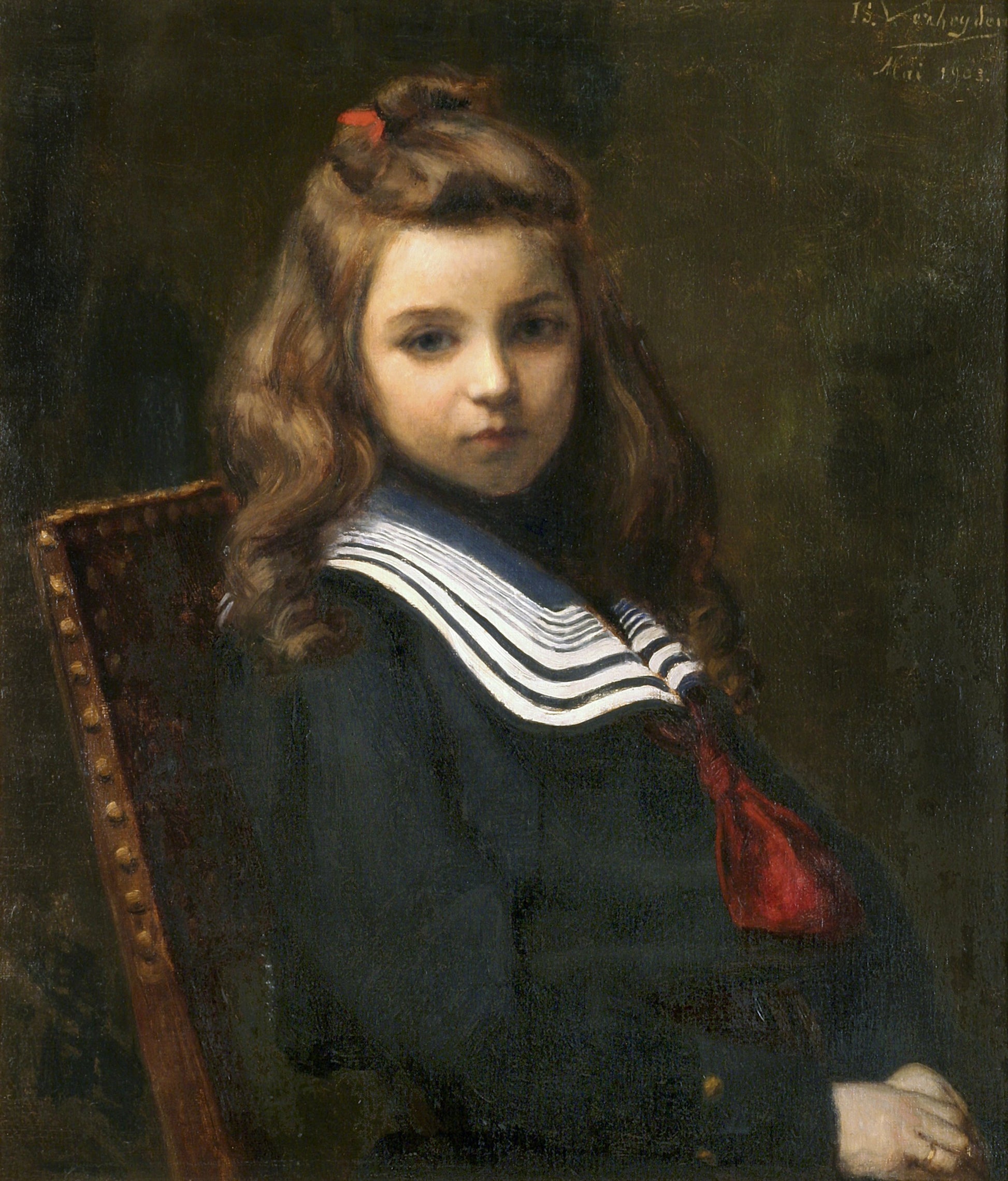 Antique Oil Painting | Young Girl in a Sailor's Suit by Isidore Verheyden | 30 3/4" x 35"-Oil Painting-Sterling-and-Burke