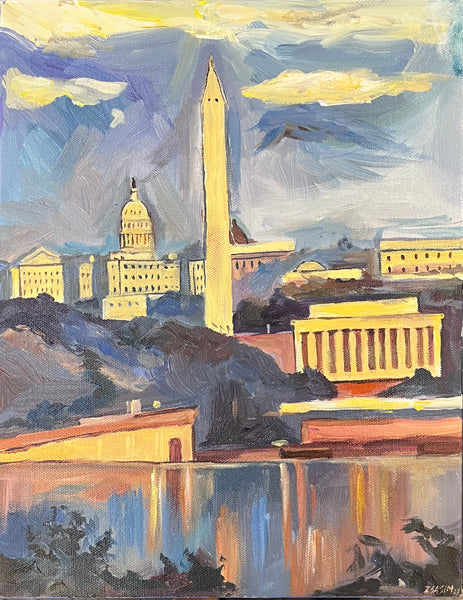 Monuments at Dusk | Washington, DC Monuments Art | Original Oil and Acrylic Painting on Canvas by Zachary Sasim | 11" by 13.5" | Commission