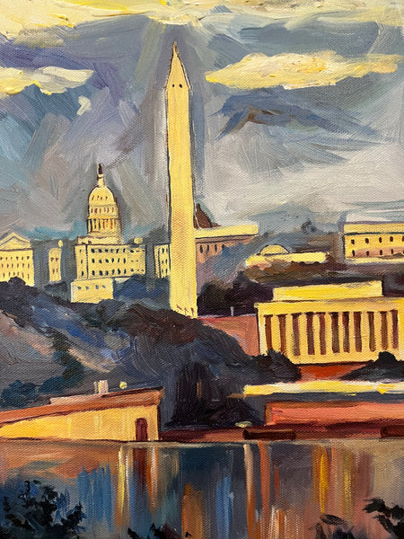 Monuments at Dusk | Washington, DC Monuments Art | Original Oil and Acrylic Painting on Canvas by Zachary Sasim | 11" by 13.5" | Commission