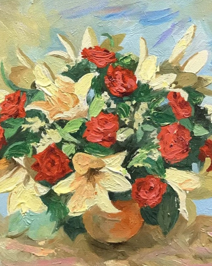 Red, Yellow Flowers | Original Oil Painting by Zachary Sasim | 10" by 10" | Commission