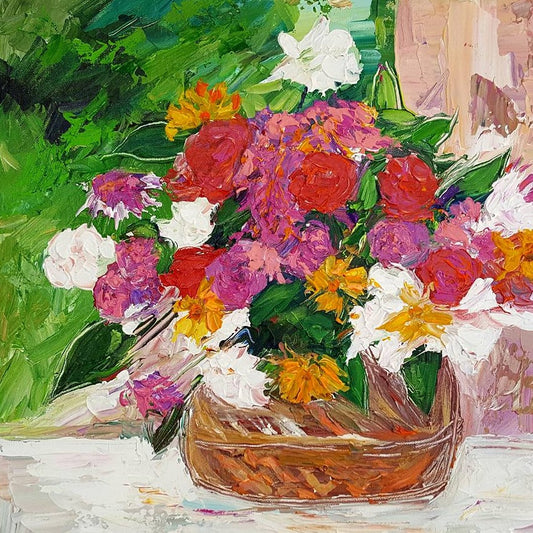 Wedding Flowers in a Basket | Original Oil and Acrylic Painting on Canvas by Zachary Sasim | 10" by 10" | Commission