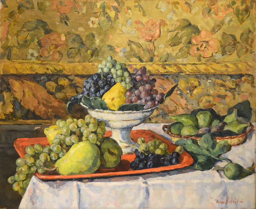 Antique Oil Painting on Canvas | A Still Life with Fruit by Albert Andre | 31" x 35"-Oil Painting-Sterling-and-Burke