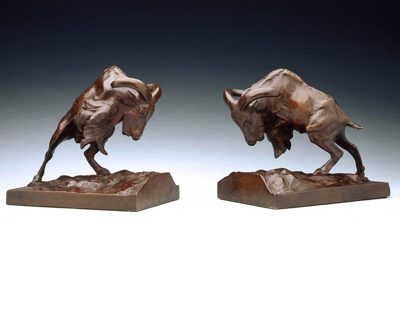 Antique Bronze | Charging Mountain Goats, ca. 1925 by Anna Hyatt Huntington | 7.5" by 7.75" by 5.25"-Sculpture-Sterling-and-Burke