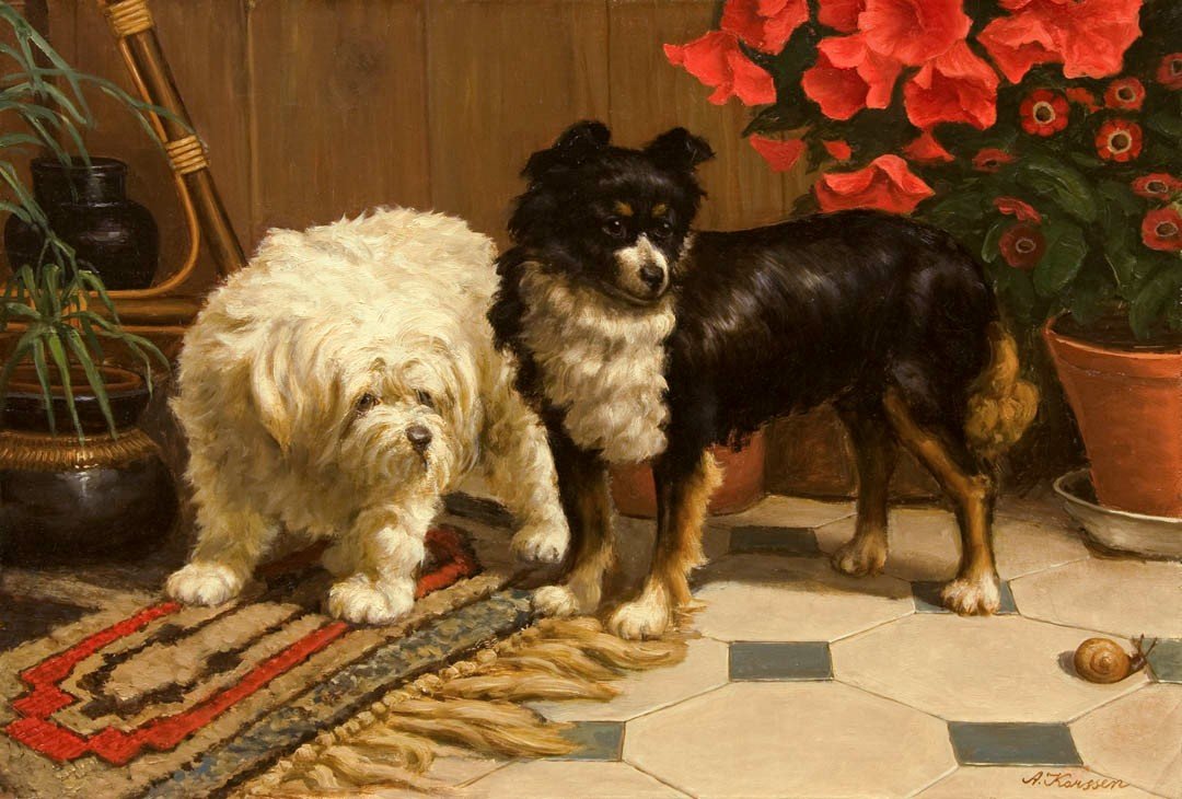 Antique Oil Painting | Two Pups Watching a Snail by Anton Karssen | 23" x 31"-Oil Painting-Sterling-and-Burke