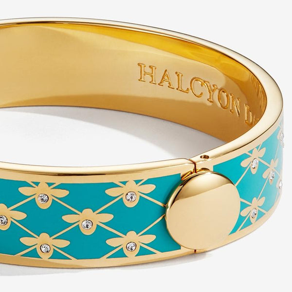 Halcyon Days Jewelry | 13mm Bee Sparkle Trellis Hinged Enamel Bangle in Turquoise and Gold
