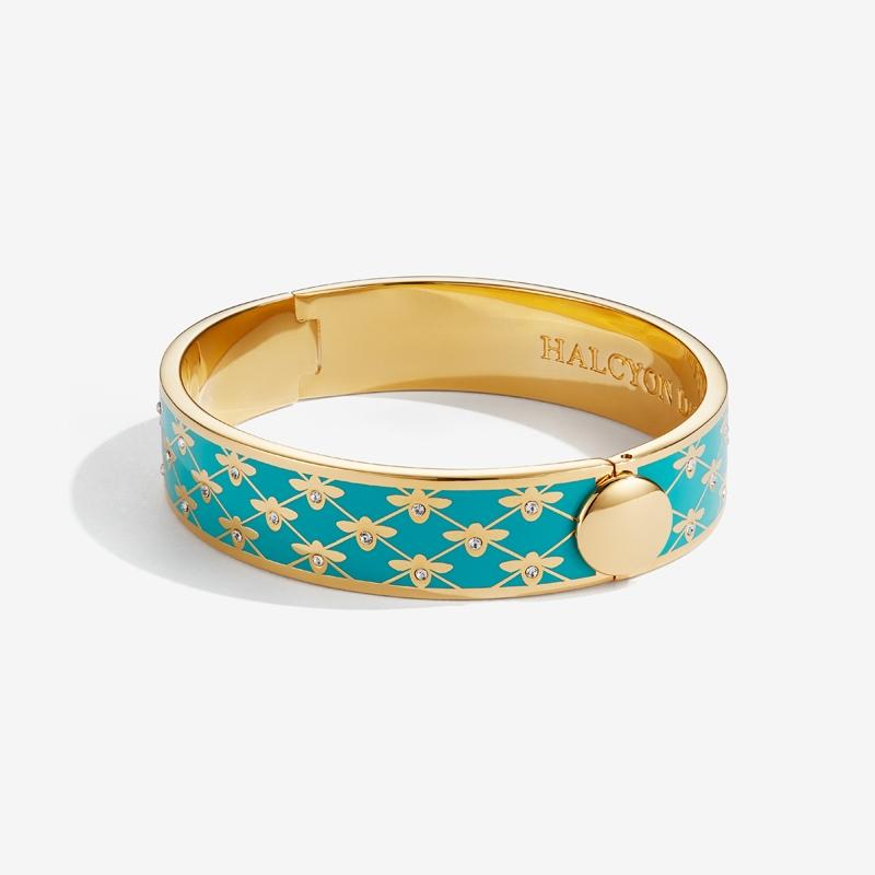Halcyon Days Jewelry | 13mm Bee Sparkle Trellis Hinged Enamel Bangle in Turquoise and Gold