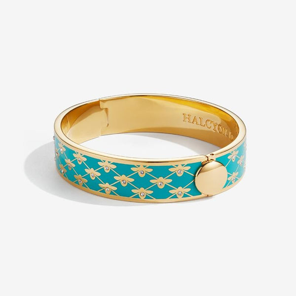 Halcyon Days Jewelry | 13mm Bee Sparkle Trellis Hinged Enamel Bangle in Turquoise and Gold