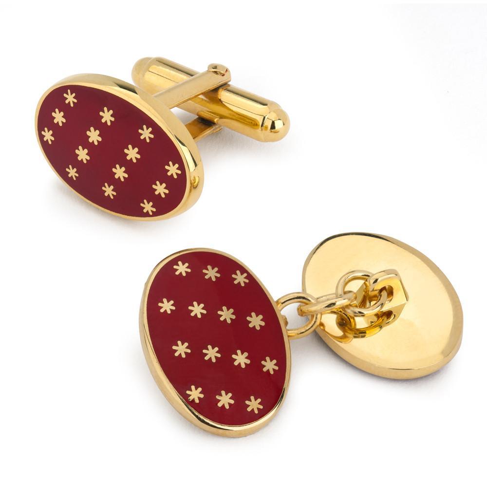 Star Cuff Links | Oval Enamel Star T-Bar Cufflinks | Red and Gold Stars | Benson and Clegg | Made in England-Enamel Cufflinks-Sterling-and-Burke