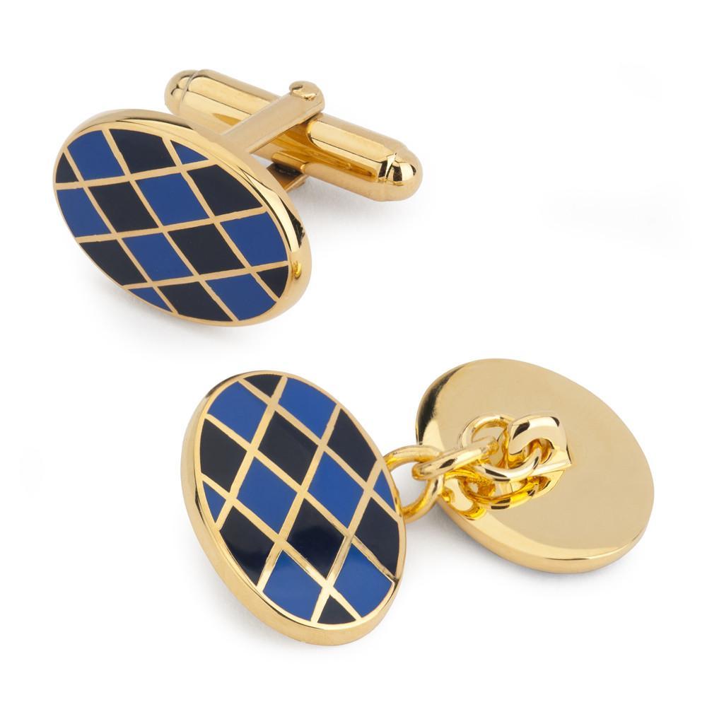 Gold and Enamel Oval Cufflinks with Royal Blue and Navy Diamond Checkerboard | Benson and Clegg-Enamel Cufflinks-Sterling-and-Burke