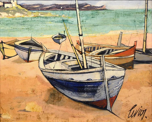Antique Oil Painting | Barques sur la Plage by Charles Levier | 24-1/8" x 28-1/2"-Oil Painting-Sterling-and-Burke
