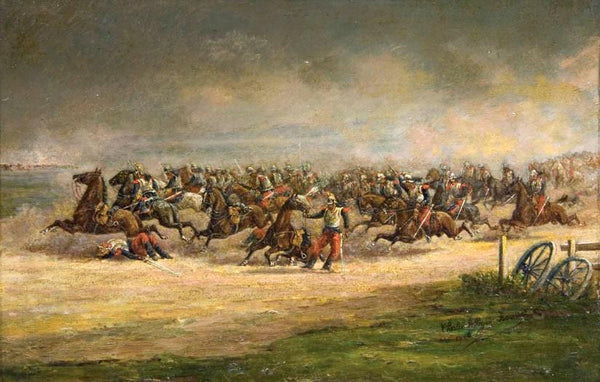 Antique Oil Painting on Board | A Cavalry Charge by the French Imperial Army by Charles Roussel | 15" by 18.75"-Oil Painting-Sterling-and-Burke