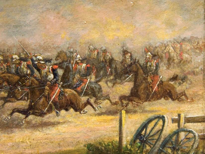 Antique Oil Painting on Board | A Cavalry Charge by the French Imperial Army by Charles Roussel | 15" by 18.75"-Oil Painting-Sterling-and-Burke