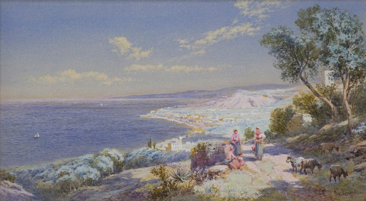 Antique Watercolor | On the Island of Ischia by Charles Rowbotham | 12.25 by 17.5 Inches-Watercolor-Sterling-and-Burke