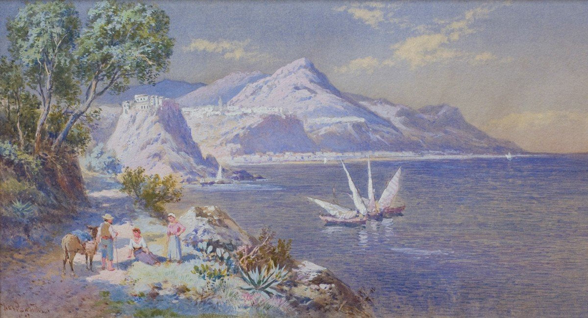 Antique Watercolor | View of La Scilla, Calabria | 13.25 by 17.75 Inches-Watercolor-Sterling-and-Burke