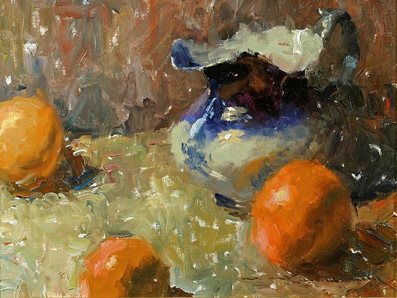 Antique Oil Painting | Flo Blue Pitcher and Oranges by Charles W. Mundy | 14" x 17"-Oil Painting-Sterling-and-Burke