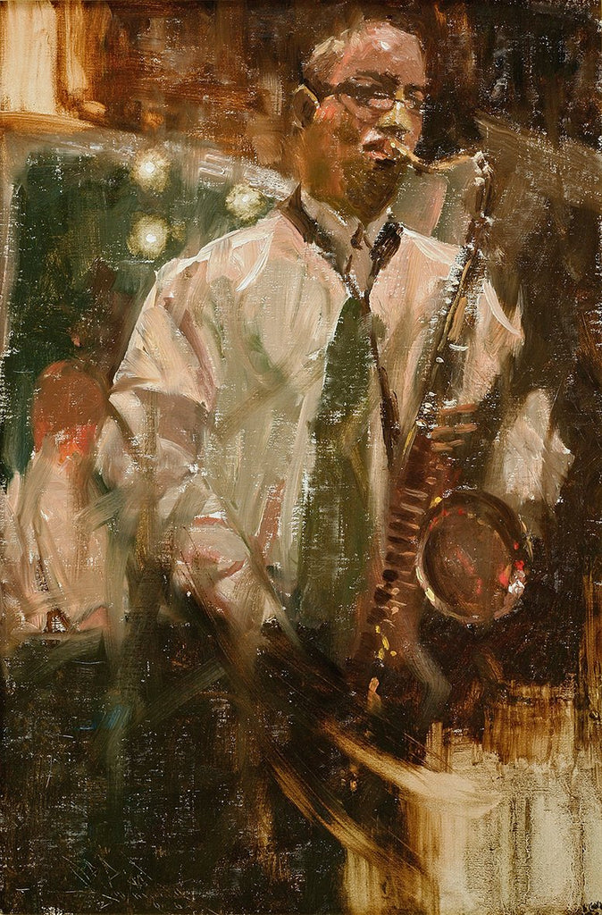 Antique Oil Painting on Panel | New Orleans Jazz Musician on Bourbon Street by Charles W. Mundy | 27.5" x 20.5"-Oil on Artist's Board-Sterling-and-Burke
