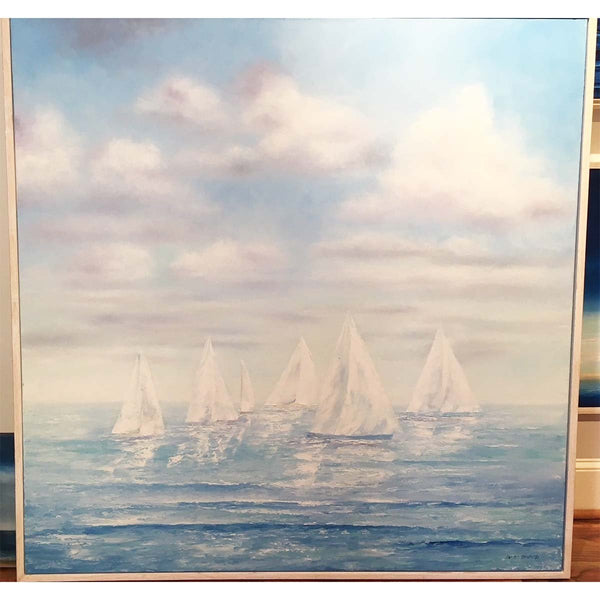 CUSTOM ORDER | Original Oil Painting | "Summer Sailing" | Frame: Soft White Distressed | Artist: Claire Howard | 48 by 48 inches-Oil Painting-Sterling-and-Burke