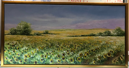 Art | Sun Flower Oil Painting | Walking Through Sunshine With You I | Original Oil Painting | Custom Frame | 31.5 by 16.5 Inches-Oil Painting-Sterling-and-Burke