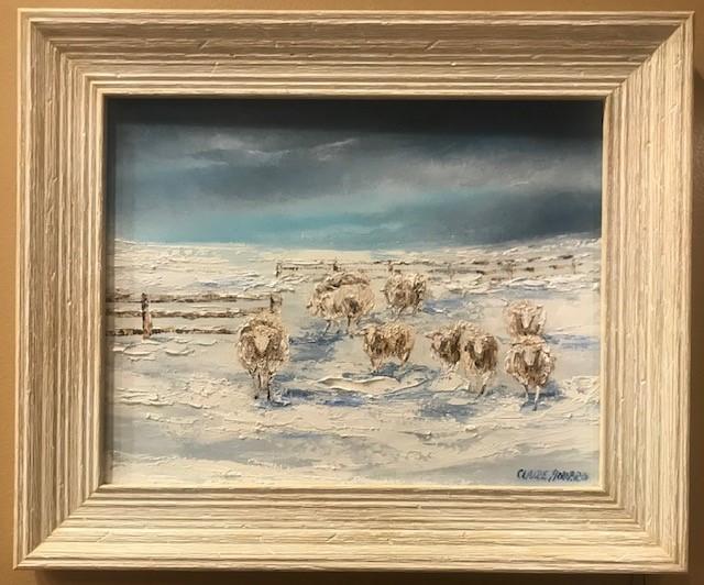 Art | A Winter Welcome | Original Oil Painting with Distressed White Frame by Claire Howard | 11" x 14"-Oil Painting-Sterling-and-Burke