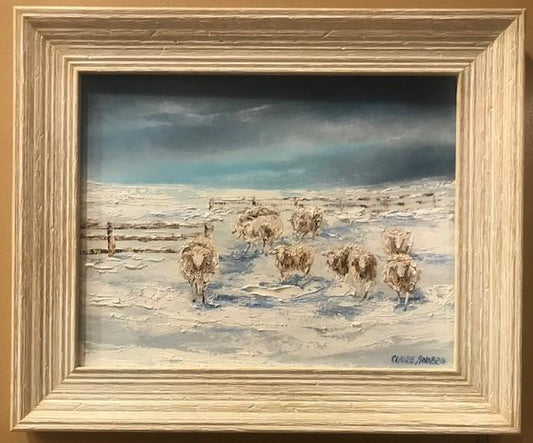 Art | A Winter Welcome | Original Oil Painting with Distressed White Frame by Claire Howard | 11" x 14"-Oil Painting-Sterling-and-Burke