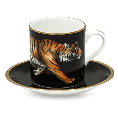 Halcyon Days Magnificent Wildlife Tiger Coffee Cups and Saucers in Black, Set of 6-Bone China-Sterling-and-Burke