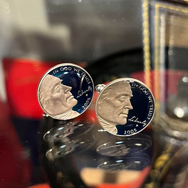 Hand Painted Authentic Coin Cufflinks | Jefferson Portrait with Enamel | US Five Cent Coin | Nickel Coin Cufflinks | Made in USA