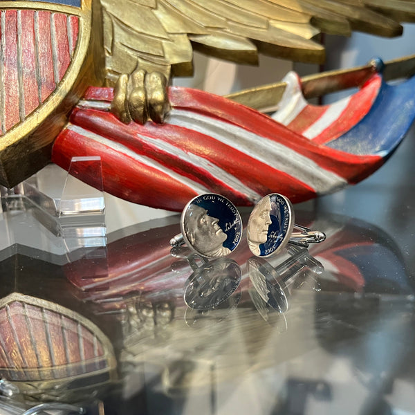 Hand Painted Authentic Coin Cufflinks | Jefferson Portrait with Enamel | US Five Cent Coin | Nickel Coin Cufflinks | Made in USA