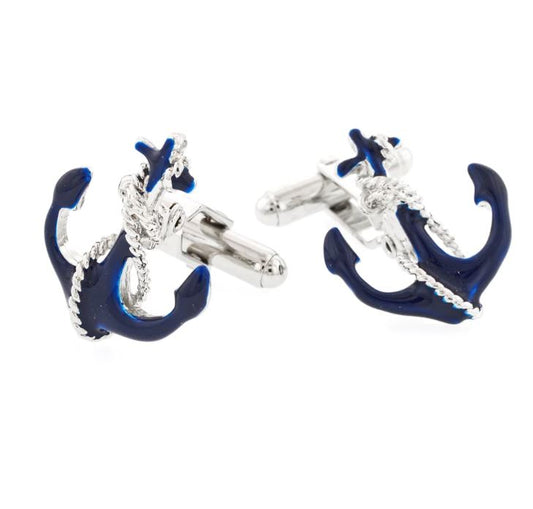 Cufflinks Anchor with Rope Cufflinks | Hand Enamelled | Manufactured in Silver and Navy Finish