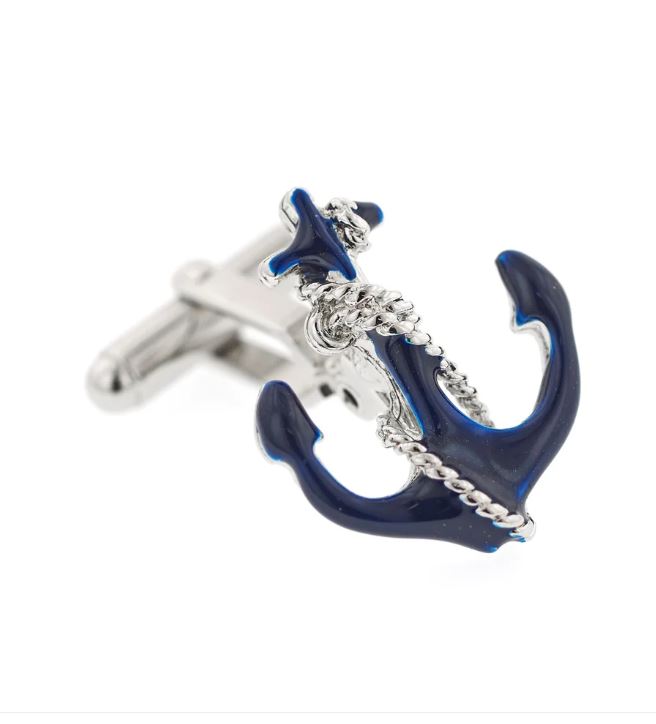 Cufflinks Anchor with Rope Cufflinks | Hand Enamelled | Manufactured in Silver and Navy Finish
