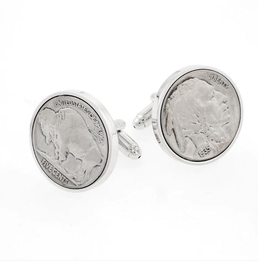 Coin Cufflinks | Unpainted Vintage Buffalo Nickel USA Coin Cufflinks | Bezel in Silver & Gold Finish