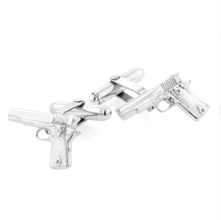 Hand Gun Cufflinks | Hand Gun Pistol Cufflinks Manufactured in USA Silver Finish