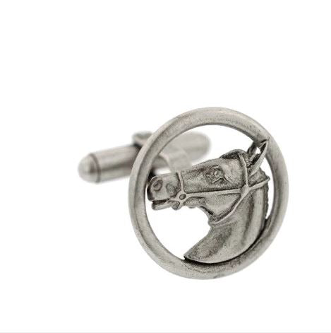 Equestrian Cufflinks | Horsehead with Reins in Circle Cufflinks | Made in USA in Antique Silver Finish