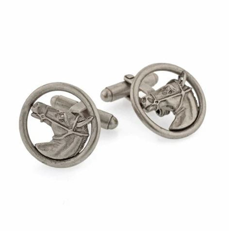 Equestrian Cufflinks | Horsehead with Reins in Circle Cufflinks | Made in USA in Antique Silver Finish