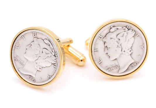 Coin Cufflinks | Unpainted Vintage Mercury Dime USA Coin Cufflinks | Bezel in Silver & Gold Finish