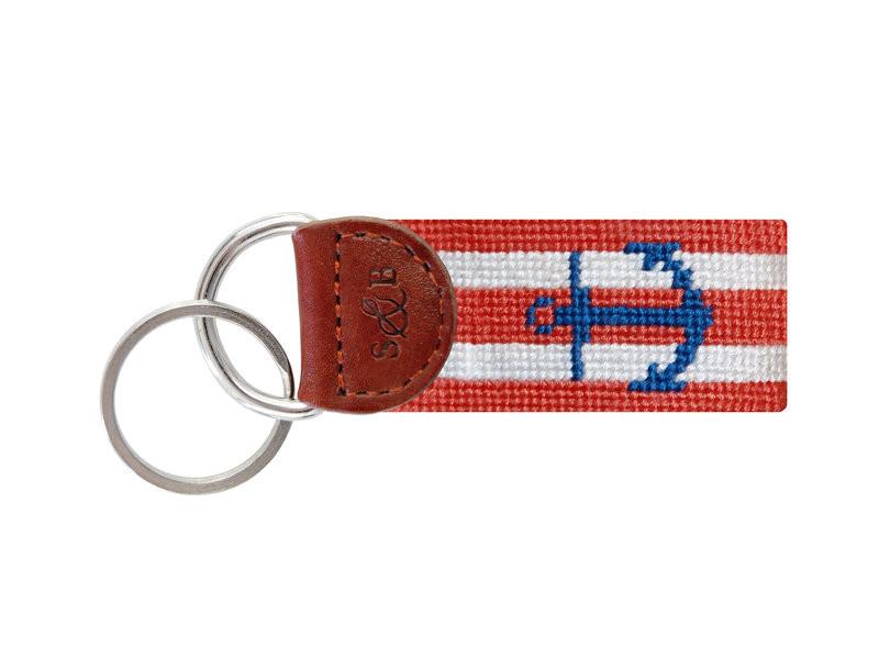 Needlepoint Collection | Striped Anchor Needlepoint Key Fob | Coral and White | Smathers and Branson-Key Fob-Sterling-and-Burke