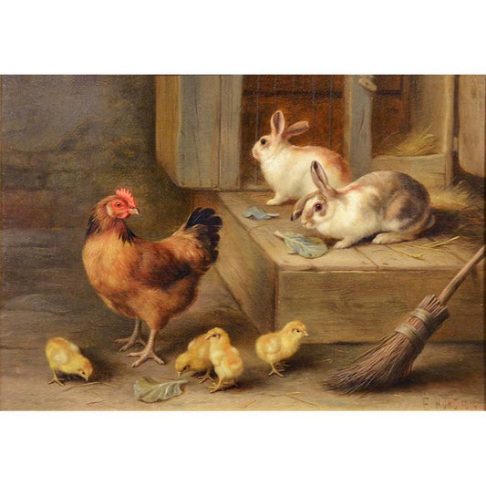 Antique Oil Painting | Chickens and Rabbits by a Hutch by Edgar Hunt | 15-1/2 by 18-1/2 Inches-Oil Painting-Sterling-and-Burke