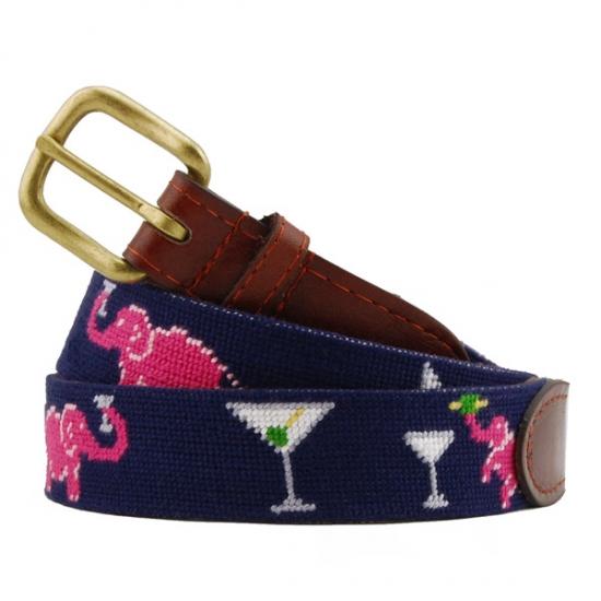 Needlepoint Collection | Elephant and Martini Needlepoint Belt | Navy and Pink | Smathers Branson-Belt-Sterling-and-Burke