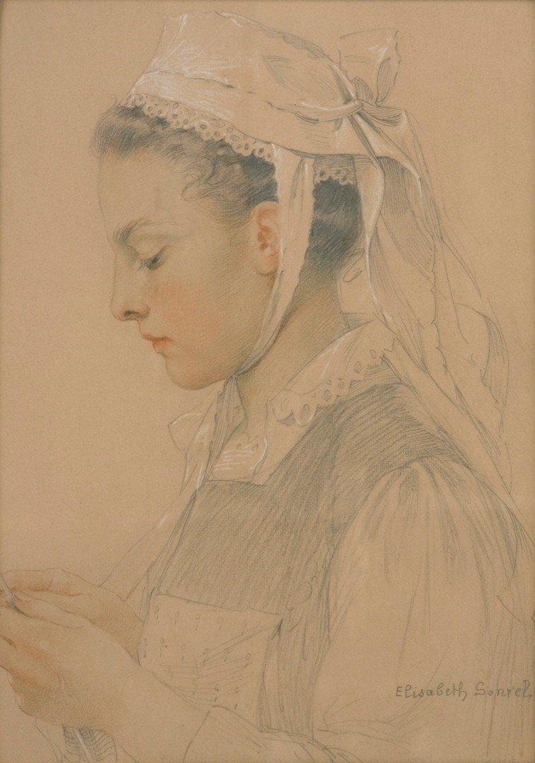 Antique Pastel on Paper | Portrait of a Breton Girl by Elisabeth Sonrel | 16 3/8" x 12"-Pastel-Sterling-and-Burke