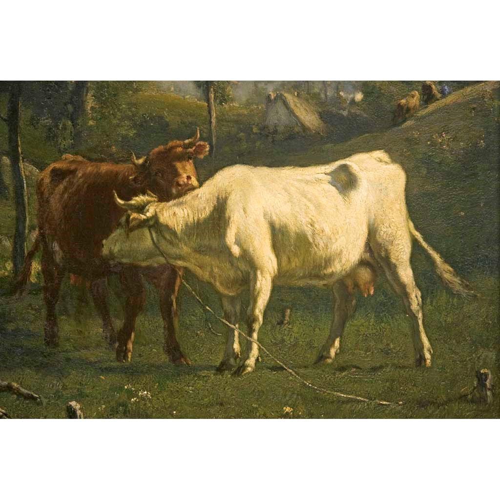 Antique Oil Painting | Cows Grazing in a Pasture by Emile Van Marcke De Lummen | 32" x 39"-Oil Painting-Sterling-and-Burke