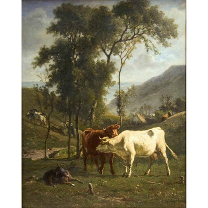 Antique Oil Painting | Cows Grazing in a Pasture by Emile Van Marcke De Lummen | 32" x 39"-Oil Painting-Sterling-and-Burke