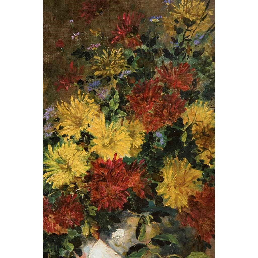 Antique Oil Painting | Still Life of Flowers with Clarinet by Eugene Henri Cauchois | 40" x 33"-Oil Painting-Sterling-and-Burke