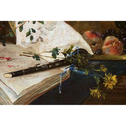 Antique Oil Painting | Still Life of Flowers with Clarinet by Eugene Henri Cauchois | 40" x 33"-Oil Painting-Sterling-and-Burke