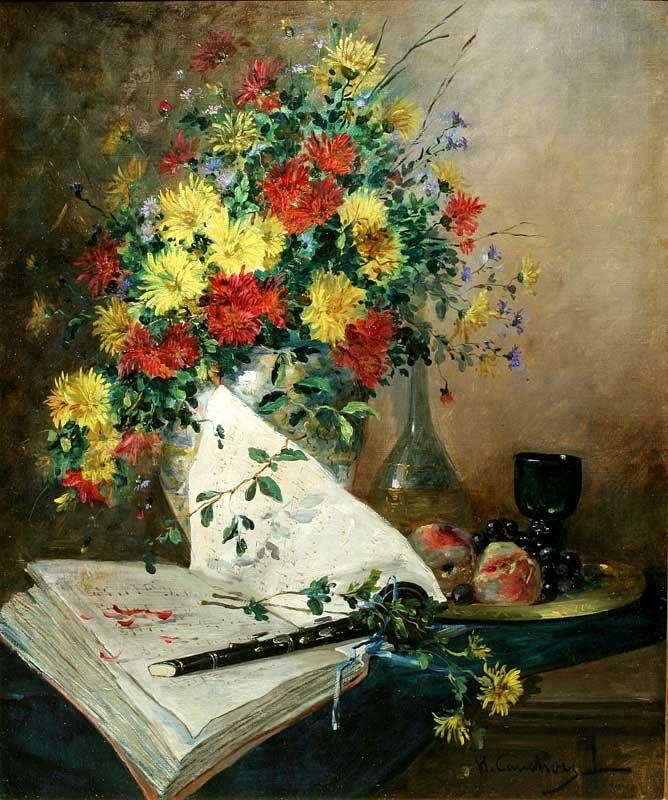 Antique Oil Painting | Still Life of Flowers with Clarinet by Eugene Henri Cauchois | 40" x 33"-Oil Painting-Sterling-and-Burke