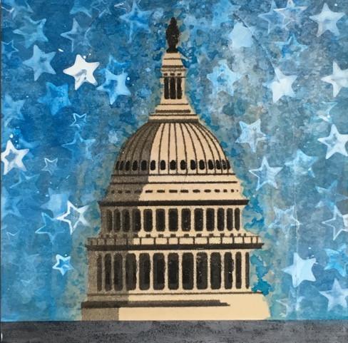 Art | Capitol White Star | Original Mixed Media on Wood by Fabiano Amin | 12" x 12"-Mixed Media-Sterling-and-Burke