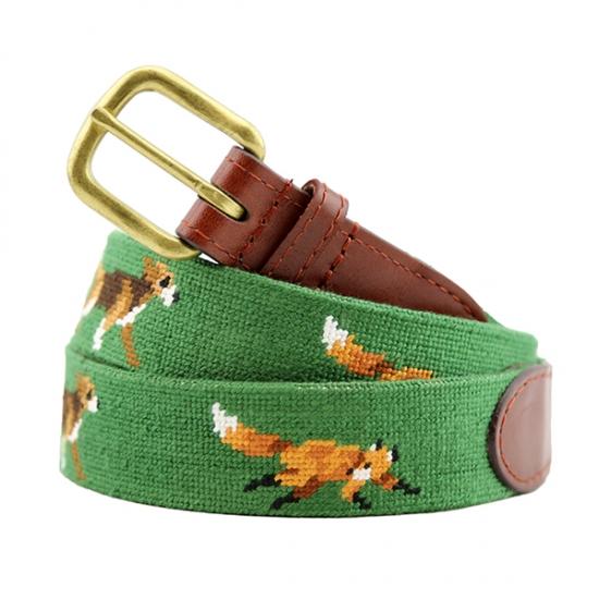 Needlepoint Collection | Fox and Hound Needlepoint Belt | Green | Smathers and Branson-Belt-Sterling-and-Burke