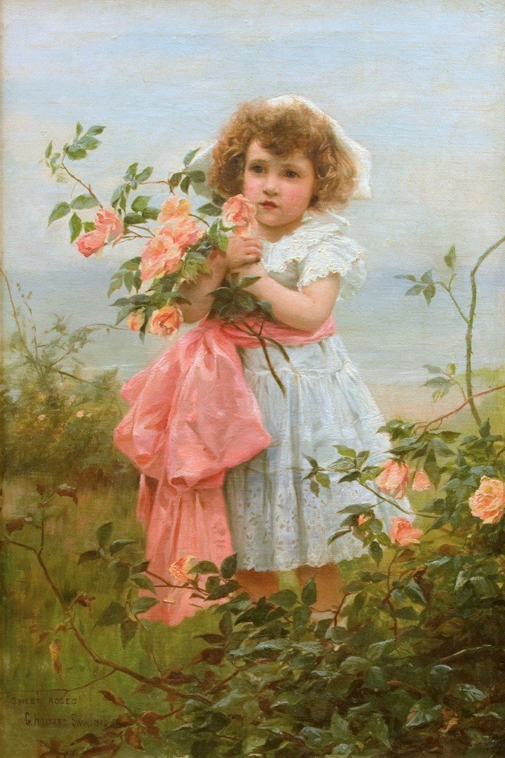 Antique Oil Painting | Sweet Roses by George Hillyard Swinstead | 39 1/4" x 28 1/4"-Oil Painting-Sterling-and-Burke