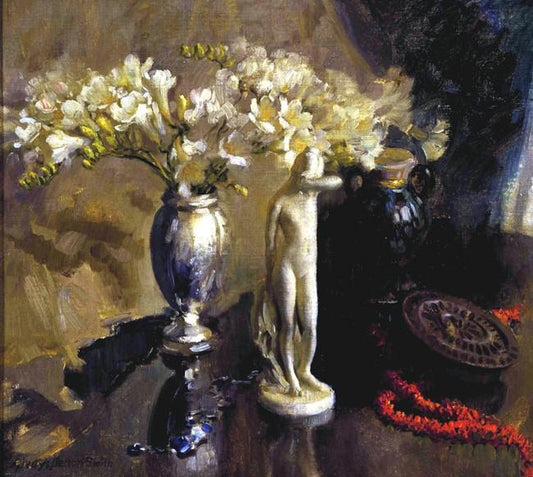 Antique Oil Painting | Still-Life with Figurine by Gladys Nelson Smith | 22 1/4" x 24 1/4"-Oil Painting-Sterling-and-Burke