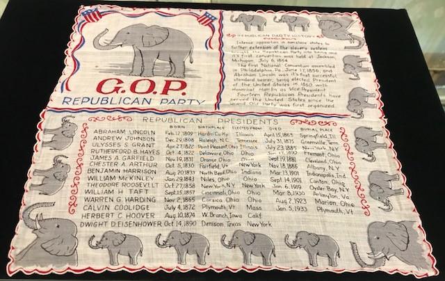 Vintage Republican Framed Political Art | GOP Flag Handkerchief Art | 1950's | 20" x 20" Framed-Vintage Handkerchief-Sterling-and-Burke