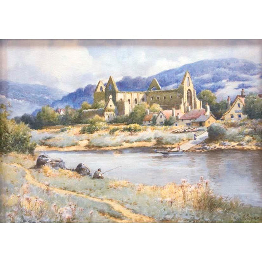 Antique Watercolor Painting | Tintern Abbey by H. English | 19.5 by 22.75 Inches-Watercolor-Sterling-and-Burke