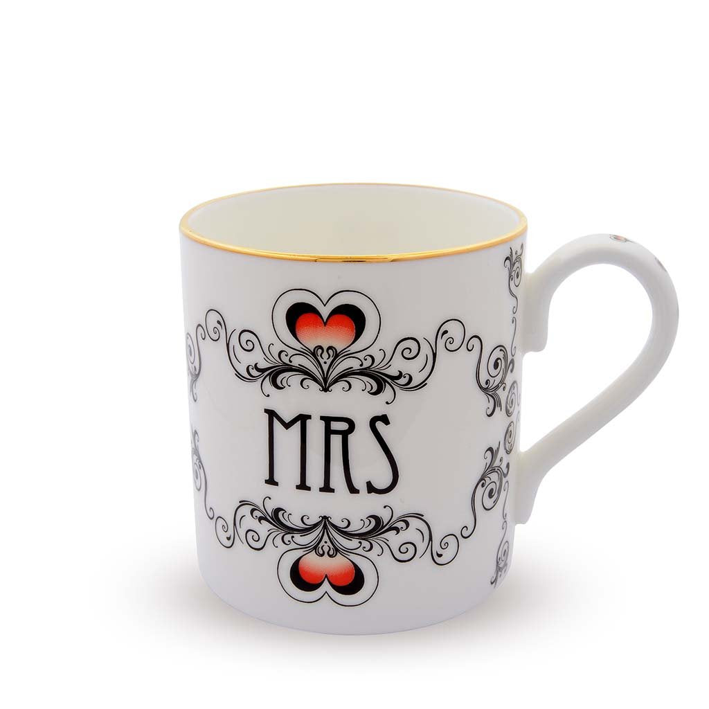 Halcyon Days Mr and Mrs Wedding Mugs in White, Set of 2-Bone China-Sterling-and-Burke